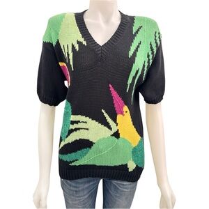 Vintage Tropical Bird Knit Sweater Short Sleeve V-Neck 80s 90s Parrots Small